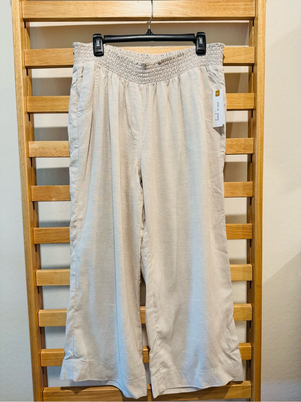 Light Beige Linen Blend Wide Leg Elastic Waist Pants